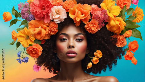 Portrait of gorgeous women with flowers. Stunning black girl with big bouquet flowers of roses. Closeup face of young beautiful woman with a healthy clean skin. Pretty woman with bright makeup