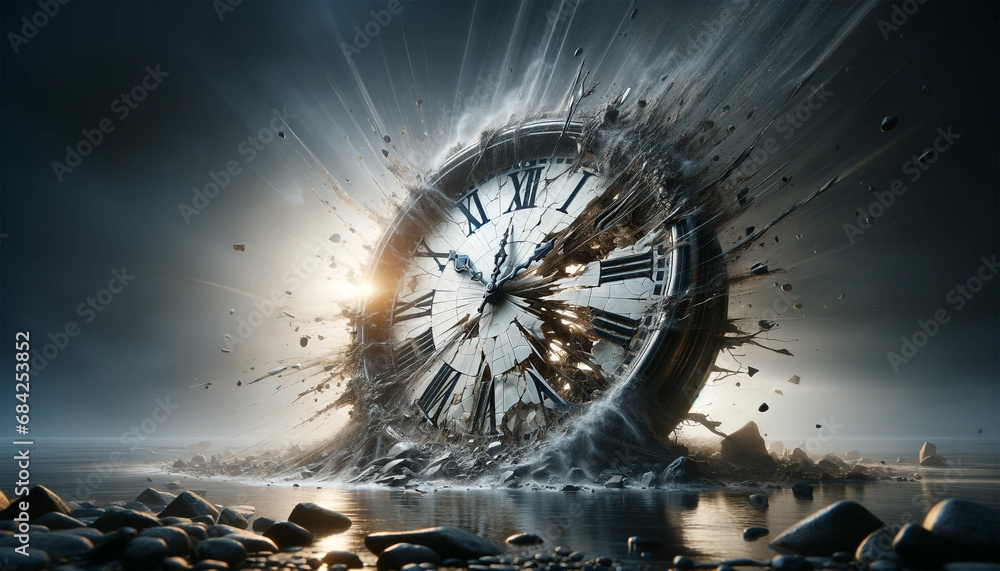 The big clock is falling from to sky to ground, it is explode and broken, bad time management in business concept - obrazy, fototapety, plakaty 