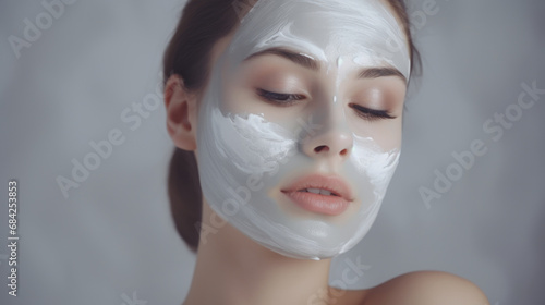 Attractive young adult woman apply facial cream look in mirror, beautiful healthy lady wrapped in towels put moisturizing lifting nourishing day creme on soft hydrated moisturized skin in bathroom.
