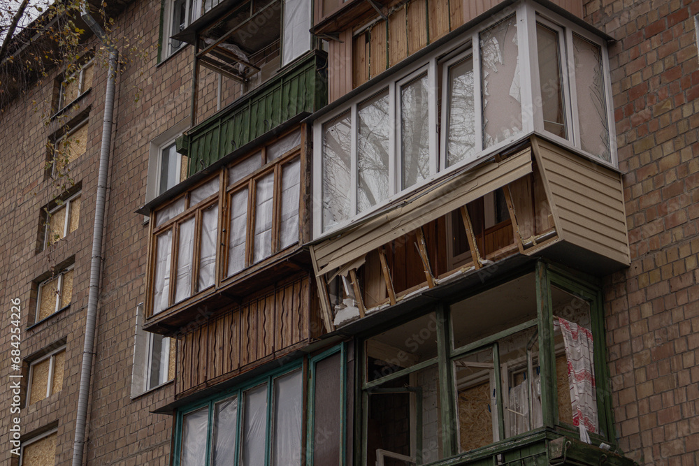 Kyiv, Ukraine - November 26, 2023: Balconies in a building are broken by the blast wave from a downed drone Kyiv, Ukraine - November 26, 2023: Balconies in a building are broken by the blast wave from a downed drone