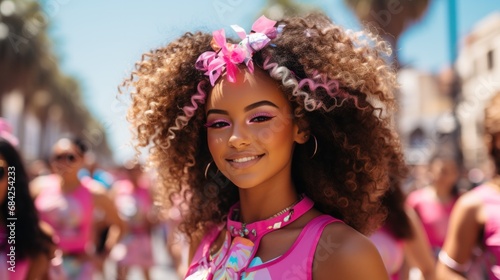 A woman with curly hair and pink clothes participating in a parade, surrounded by colorful floats and cheering spectators.