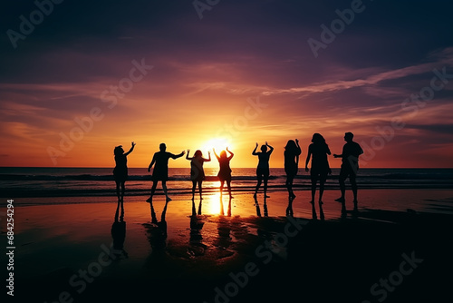 Bitch barty. Silhouette of group of people at sunset on beach party. Happy friends having fun on sea beach in tropical. Travel and Celebration summer vacation.  Silhouette of People Dancing On Beach