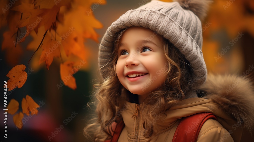 Autumn mood - Little happy child girl with a smile on fall nature background, Hello autumn, Stylish children kid having fun in autumn park, Kids autumn sale, generative ai Autumn mood - Little happy child girl with a smile on fall nature background, Hello autumn, Stylish children kid having fun in autumn park, Kids autumn sale, generative ai