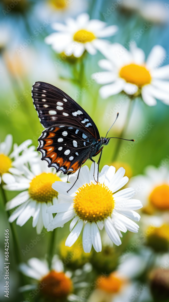 Beautiful black  Baltimore Checker spot butterfly (Euphydryas phaeton) on the flower close up