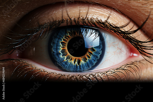 A macro photography shot of an eye's iris against a dark backdrop.