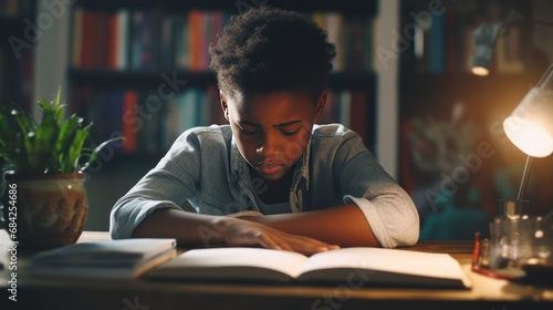 Concentrated black boy child doing his homework at home. The boy struggles to read a book. Education, school, learning disability, reading difficulties, dyslexia concept generative ai photo