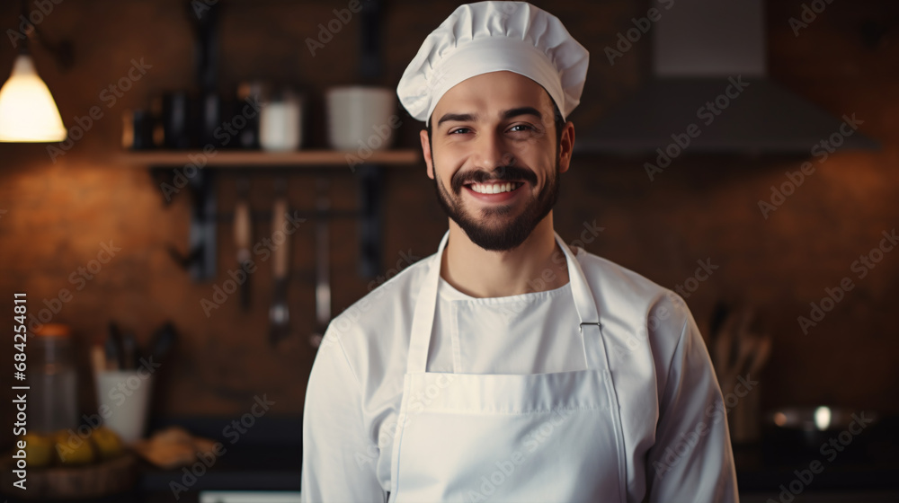 Happy chef donning a toque grins while preparing culinary creations. - obrazy, fototapety, plakaty 