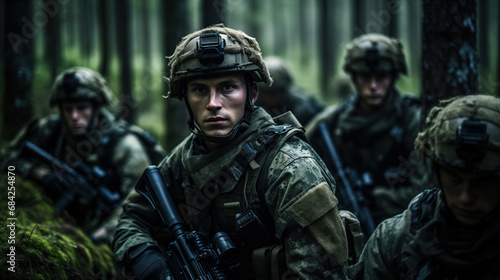 A group of modern soldiers in the forest. Gloomy background. The face of war.