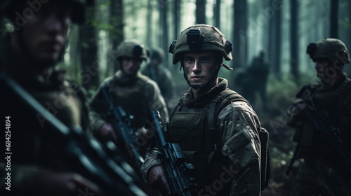 A group of modern soldiers in the forest. Gloomy background. The face of war. © Boris