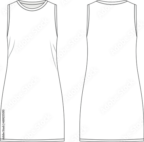 basic straight a line round neck crew neck sleeveless dress template technical drawing flat sketch cad mockup fashion woman