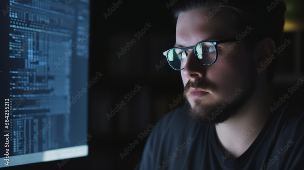 A bespectacled developer, reflecting on digital technology and cyber security, is programming software, with a close-up view of code data. A bespectacled developer, reflecting on digital technology and cyber security, is programming software, with a close-up view of code data.