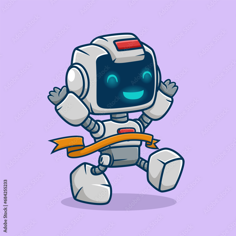 Cute robot winning running race, vector cartoon illustration Cute robot winning running race, vector cartoon illustration