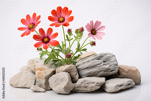 A flower and rock sit in a garden, isolated in a white backdrop. photo