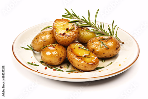 Scrumptious, freshly-roasted potatoes with garlic, rosemary, and olive oil scattered on an aged platter, against an ivory backdrop.