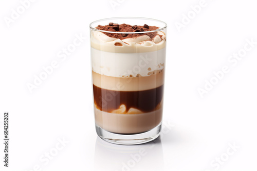 A glass of mocha java arranged in layers, set solemly against a white tinted backdrop.