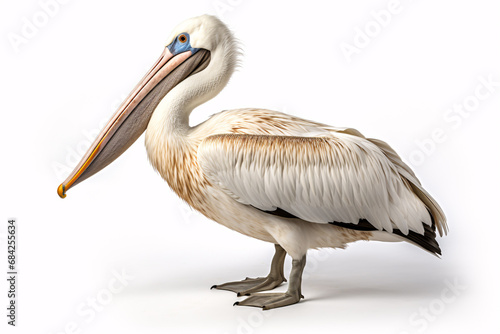 A big, solitary pelican stands on a a gleaming white surface.