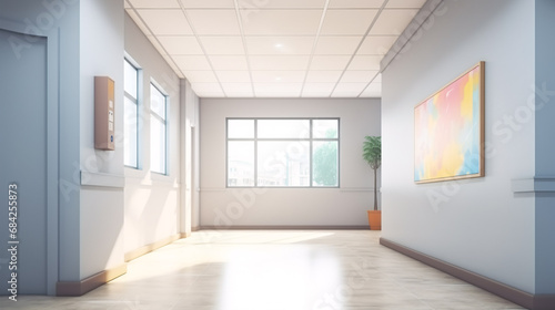 Empty hallway in an educational building, with a simulated ad, rendered in three-dimensions.