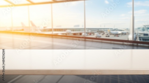 empty table white top with blur background of air port, Advertisement, Print media, Illustration, Banner, for website, copy space, for word, template, presentation