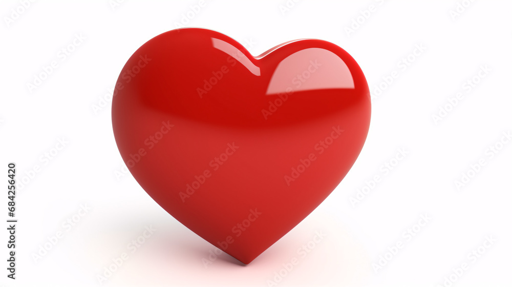 A red heart-shaped object is set apart on a white surface.