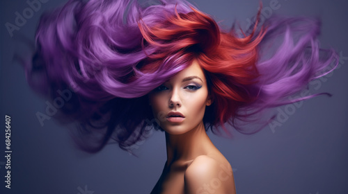A professional, alluring woman with vibrant, flowing purple hued locks and subtle makeup flutters her tresses in the breeze. photo