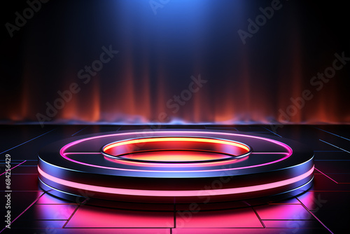 An abstract, futuristic mockup showcasing 3D geometric forms and a neon-lit cylinder pedestal is available for promotional display.