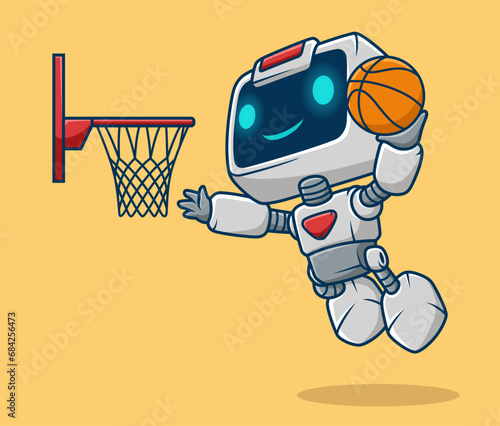 Cute robot playing basketball, vector cartoon illustration