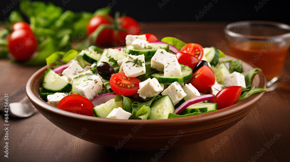 A Greek dish of cheese and veg, isolated, is a delectable salad.