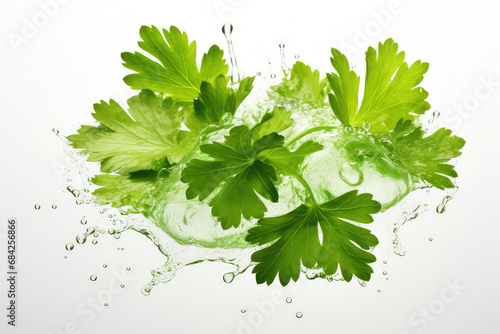 Coriander leaves with water splash isolated on white background.