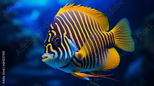 A close-up shot of a Regal Angelfish displaying its stunning blue and yellow patterns in high-resolution