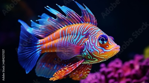 A close-up shot of a Royal Gramma fish showcasing its stunning and vivid coloration  in