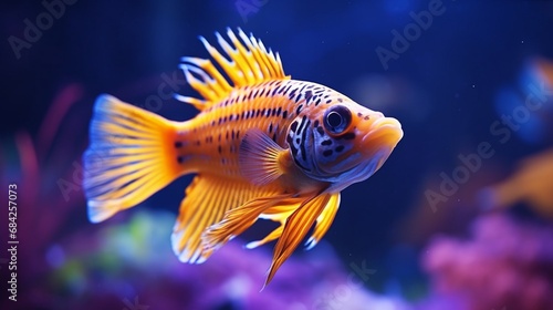 A close-up shot of a Royal Gramma fish showcasing its stunning and vivid coloration, in