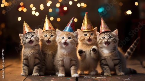 Cute cats sitting wearing party hat. kitty celebrating new year 2024, party, confetti, Birthday of a cats, a beloved pet cats celebrates a birthday in a hat, generative ai photo