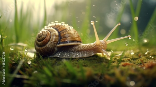 A snail walking on the rain-soaked grass
