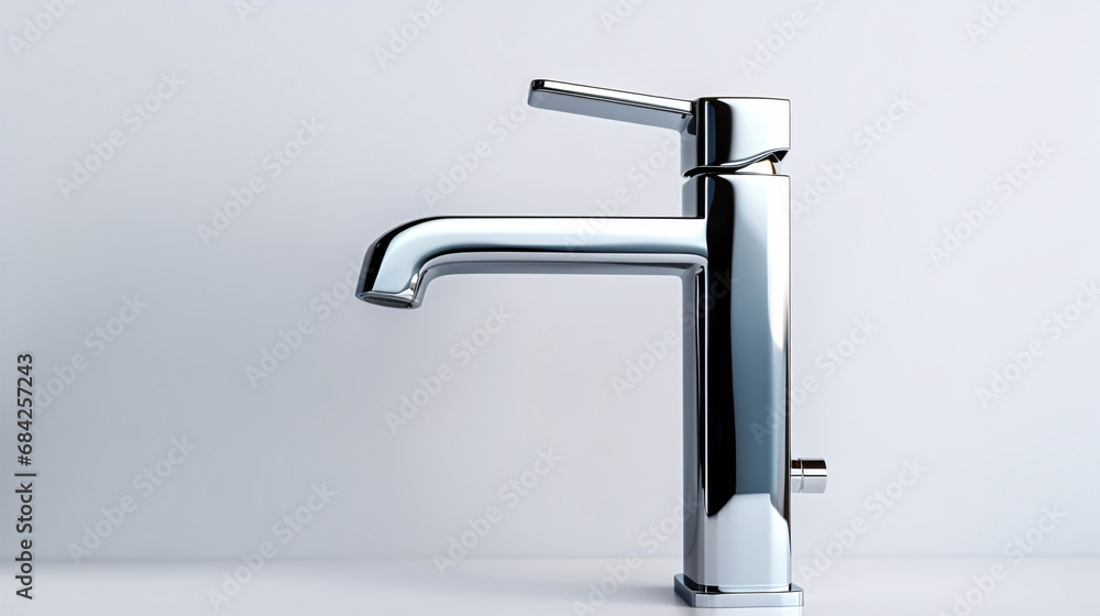 A white isolated faucet for washbowl, culinary, bath, and shower stands out. A white isolated faucet for washbowl, culinary, bath, and shower stands out.
