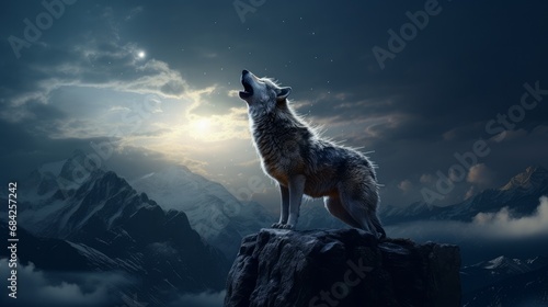 A wolf howling on top of a mountain in the moonlight 