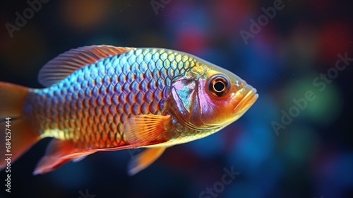 A close-up view of a Rainbowfish (Melanotaeniidae) displaying its intricate scales and vivid colors, shot in high resolution