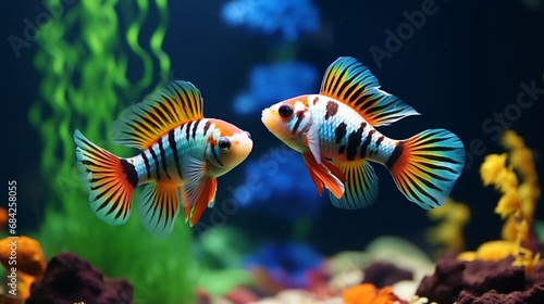 A Clown Killifish pair engaging in a courtship dance, their fins extended, and colors vividly on display.