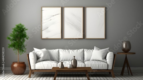 white room with empty frames and a wooden box, in the style of minimalist line work, 32k uhd, minimalist canvases, quadratura photo