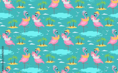 Cute funny pink flamingo birds couple on tropical paradise vacation, fun summer and beach vacation holiday seamless pattern vector illustration repeat design