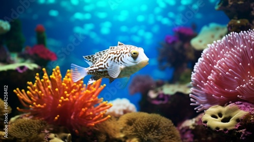 A colorful spotted pufferfish swimming gracefully in a vibrant coral reef, captured in stunning