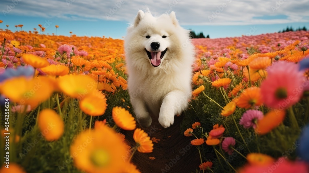 White Samoyed dog in the field of flowers. The concept of a happy pet. White Samoyed dog in the field of flowers. The concept of a happy pet.