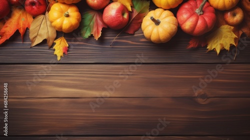 autumn colors. apples, pumpkins and fallen leaves on wooden background. Thanksgiving day, Copy space, top view