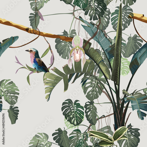 Tropical vintage botanical landscape, palm tree, banana tree, plant, Lilac breasted Roller bird, floral seamless border background. Exotic green blue jungle wallpaper or banner.