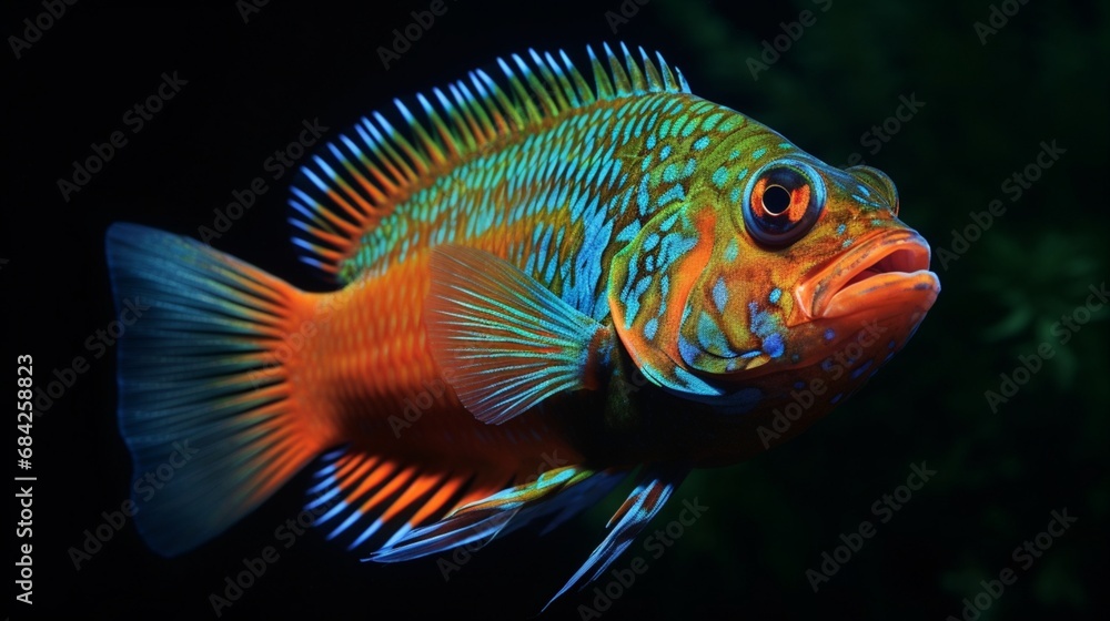 A Green Terror fish (Andinoacara stalsbergi) with vibrant orange and blue coloration, showcasing its distinctive facial markings.