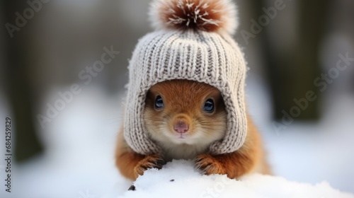 funny cute animals wearing winter hats, blurry background, copy space, 16:9