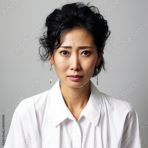 Asian woman crying, sad, worried, half-body portrait photography View.