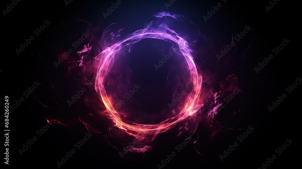 Abstract neon energy sphere of particles and waves of magical glowing on a dark background, circle and loop frames with magic purple and pink flame and sparks isolated on transparent, generative ai - obrazy, fototapety, plakaty 