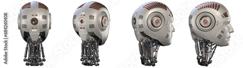 Futuristic robot head or very detailed humanoid face. Collage or set of four different angles. Isolated on transparent background. 3d rendering