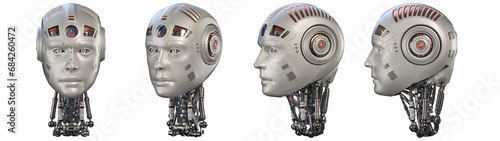 Futuristic robot head or very detailed humanoid face. Collage or set of four different angles. Isolated on transparent background. 3d rendering