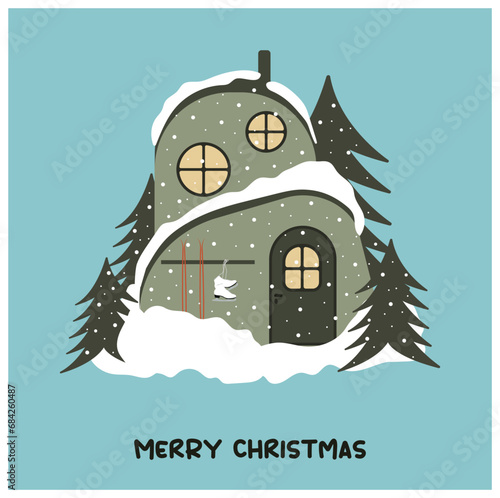 Christmas card with a cottage in snowdrifts and snow, with Christmas trees for outdoor activities and sports in vector. For banners, advertisements, postcards, backgrounds